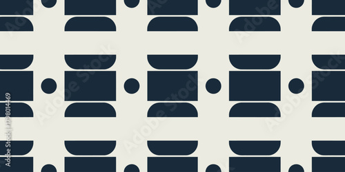 Geometric pattern with dark blue rectangles semicircles and circles on a light background design style