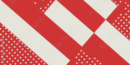 A red and white geometric pattern with stripes and dots arranged diagonally across the entire image area