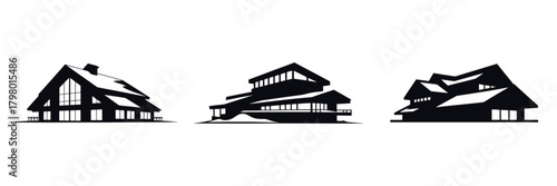 Modern Winter Chalet Vector Illustration Set – Mountain Cabin Silhouette, Christmas Holiday Lodge, New Year Snow Resort, Cozy Alpine House, and Contemporary Winter Architecture Design Art