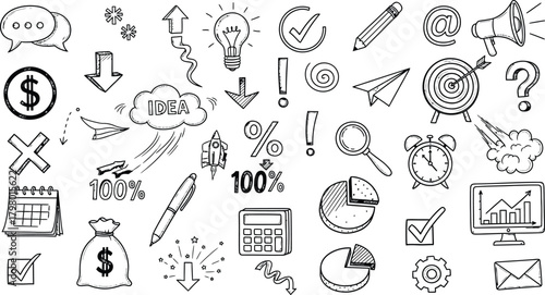 Collection of hand drawn business and finance icons and symbols for presentations and infographics