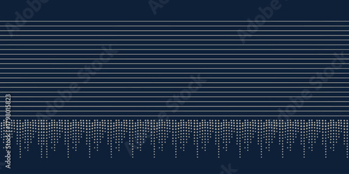 A navy background with horizontal white lines and dotted lines hanging from them creating a unique pattern