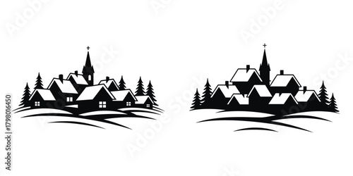 Winter Village Vector Illustration Set – Snowy Christmas Town Silhouette, New Year Holiday Landscape, Peaceful Countryside Scene, Festive Church and Cozy Houses Design Art