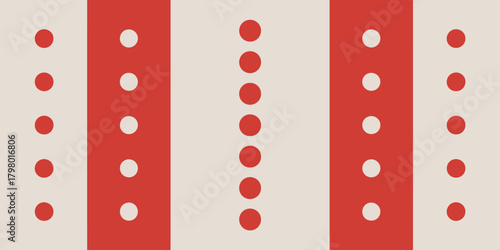 A repeating pattern of red and white stripes with alternating circles in a vertical arrangement
