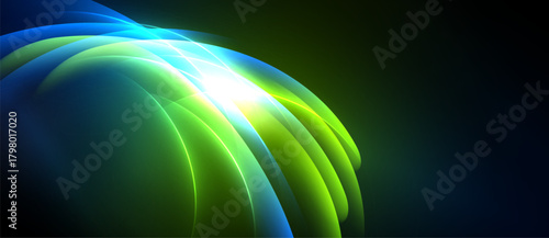 Abstract flowing shapes, vibrant blues, greens. Bright light source creates dynamic energy, smooth gradients, dark background.