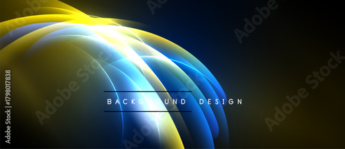 Abstract design features curved layers, vibrant yellow, blue hues. Bright light source creates dynamic visual effect. Dark background emphasizes shapes.