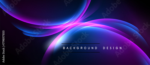 Abstract flowing shapes, vibrant blues, purples, pinks. Dark background creates luminous effect. Modern design element.