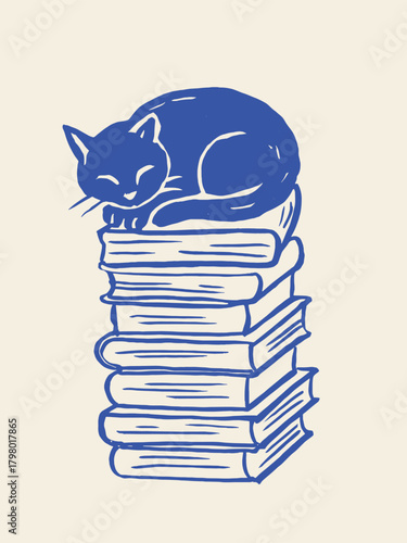 Cat sleeping on stack of books naive sketch vector illustration