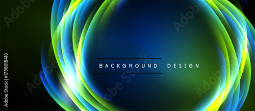 Abstract luminous layers create vibrant circular design. Green, blue, yellow hues blend, forming dynamic background. Text reads background design.