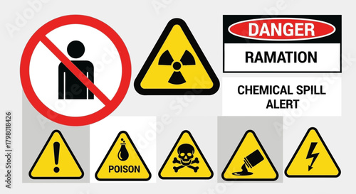 Various hazard warning symbols and signs indicating potential dangers and restrictions.