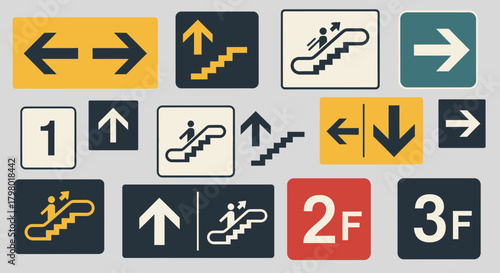 A collection of various directional signs and floor indicators, designed for public use.