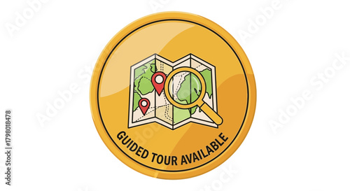 Icon depicting a map with location pins and a magnifying glass, indicating a guided tour.