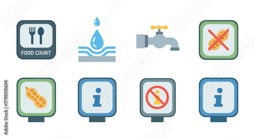 A collection of various informational and directional signs with icons and symbols.