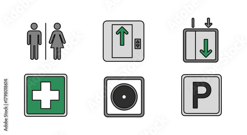 A collection of various informational and directional signs, depicting restroom, elevator, and parking.