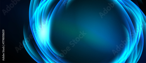 Abstract blue light waves create dynamic energy flow. Bright center radiates outward, dark background contrasts beautifully.
