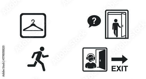 Pictograms depicting a hanger, a confused person entering a door, a running figure, and an exit sign.