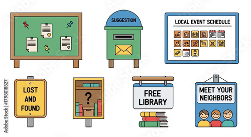A collection of illustrated signs and boards, including a bulletin board, suggestion box, calendar, lost and found, library, and community meeting notice.