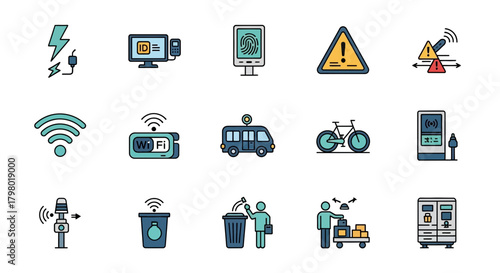 A collection of fifteen different icons depicting technology, transportation, and environmental concepts.