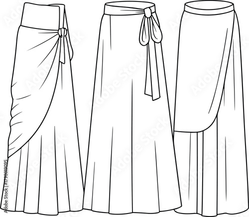 Elegant long skirt fashion illustration with draped designs, tied waist details, flowing fabric styles, garment sketch, apparel template, clothing outline drawing