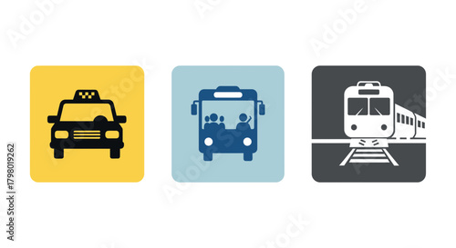 Icons representing different modes of transportation: taxi, bus, and train.