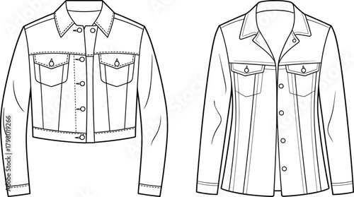 Denim jacket fashion sketch, front view template, long and short jacket design, technical flat drawing, clothing illustration for apparel production, vector