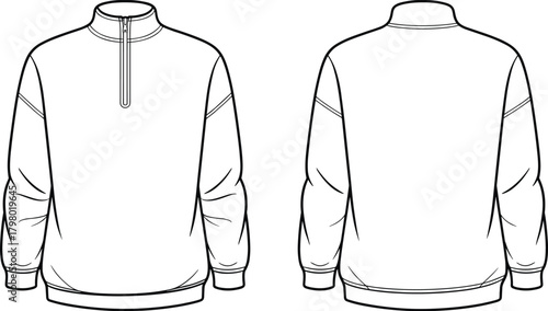 Fashion design flat sketch of unisex half zip sweatshirt front and back view, vector clothing template for apparel design illustration