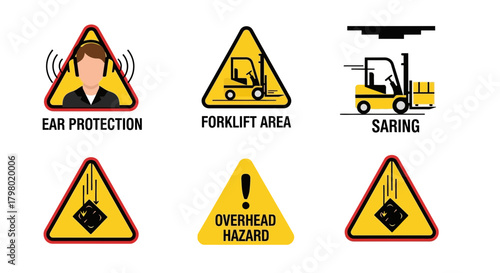 Six safety signs depicting ear protection, forklift area, overhead hazard, and falling objects, all in a triangular shape.