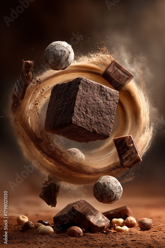 Dynamic culinary art featuring a suspended chocolate cube amidst a swirling cocoa vortex, adorned with gourmet truffles and fragmented pieces, evoking rich flavor