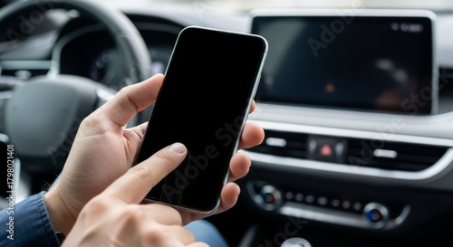 Hand Operating Smartphone While Driving in Vehicle - Distracted Driving, Mobile Safety, Automotive Technology, Dangerous Behavior, Traffic Risk, and Digital Device Usage While Operating Motor Vehicle
