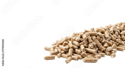 Meticulously arranged pile of uniform, natural wood-tone pellets on a transparent studio background with copy space, macro lens, soft bokeh, renewable energy concept