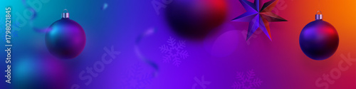 Vibrant orbs and stars against colorful gradient background create festive ambiance. Xmas festive neon color background with decorative balls.
