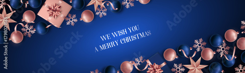 Elegant arrangement of festive elements on blue background creates joyful ambiance. Design for holiday headers, banners, party invitations.