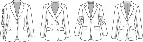 Woman blazer fashion sketch, front view technical flat drawing, single and double breasted jacket template, clothing illustration for apparel design, vector