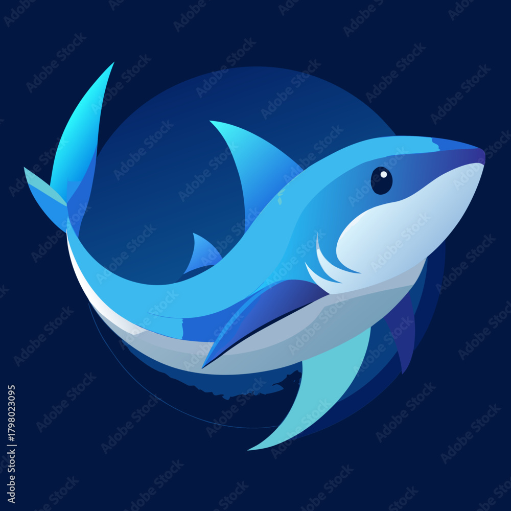 Fototapeta premium Stylized blue shark illustration with circular background and dark deep sea
