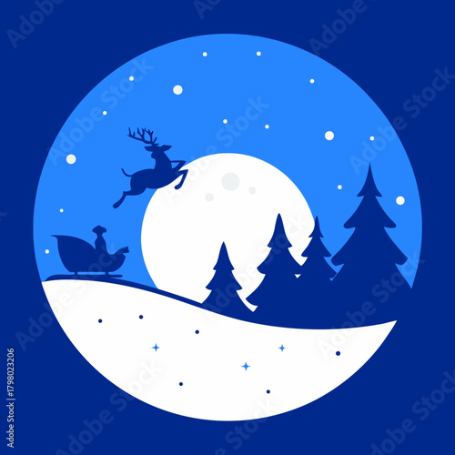 Silhouette of santa s sleigh and reindeer flying across a full moon night sky