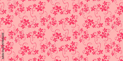 Delicate Floral Flourish Seamless Pattern of Pink Flowers and Swirling Vines for Feminine and Whimsical Designs