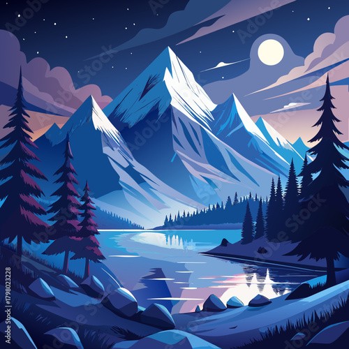 Serene mountain lake under a starry night sky with a full moon