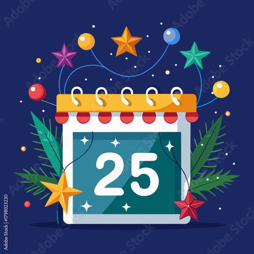 Calendar page showing december 25th surrounded by festive decorations and stars