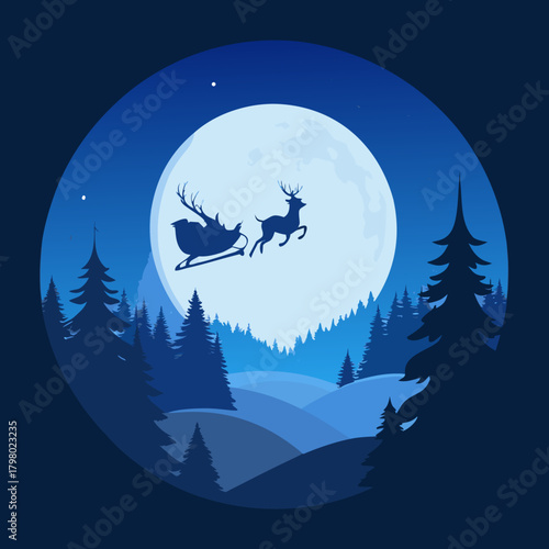 Santa s sleigh rides through the snowy forest under a full moon