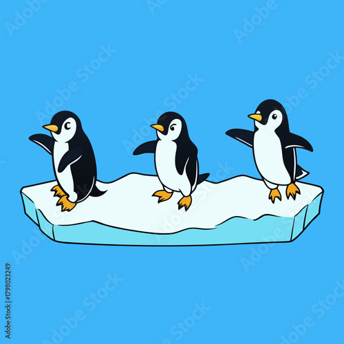 Three adorable cartoon penguins standing on an ice floe