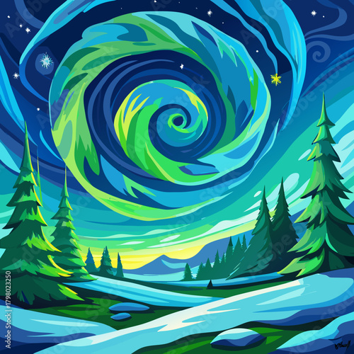 Swirling celestial lights dance above a snowy winter landscape