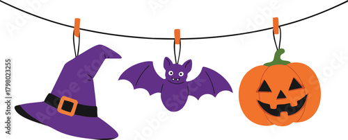 Halloween witch hat bat and pumpkin hanging on string spooky decoration vector illustration 