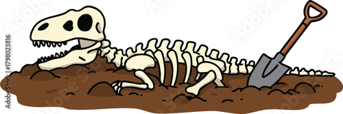 Dinosaur skeleton fossil excavation with shovel in ground vector illustration for archeology and paleontology discovery scene 