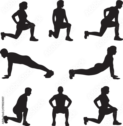 Fitness Exercise Silhouettes Demonstrating Various Stretches Keywords: fitness, silhouette