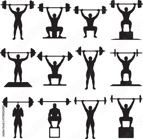 Weightlifting Silhouettes Showing Different Lifts and Poses Keywords: weightlifting, silhouette