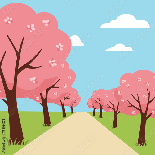 Cherry Blossom Trees Lining Pathway Under Blue Sky in Spring Landscape Vector Illustration 