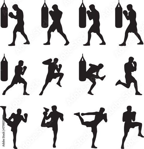 Boxing and Kickboxing Silhouettes Training with Punching Bag martial arts fighter