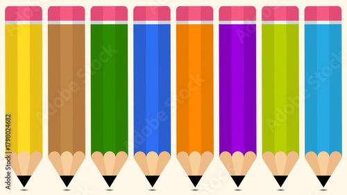 Group of short, colorful pencils with pink erasers arranged in a neat horizontal row.