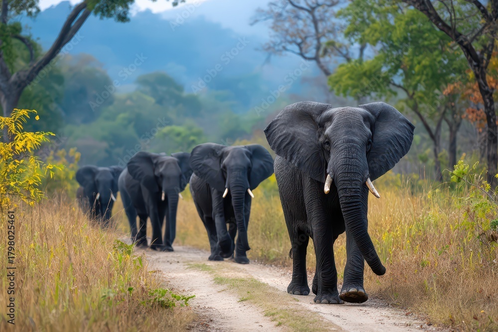 Fototapeta premium A captivating procession of African elephants walking along a dirt path in a lush forest, showcasing their majestic size and natural habitat on a beautiful day.