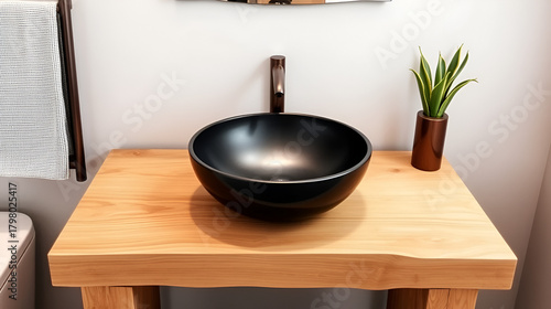 Rustic wood washstand with black vessel and brown faucet. Minimalist interior design of modern bathroom.