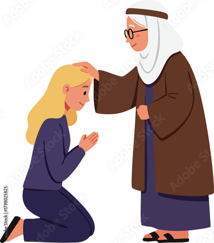 Elderly man blessing young woman kneeling in prayerful pose with traditional clothing vector illustration 